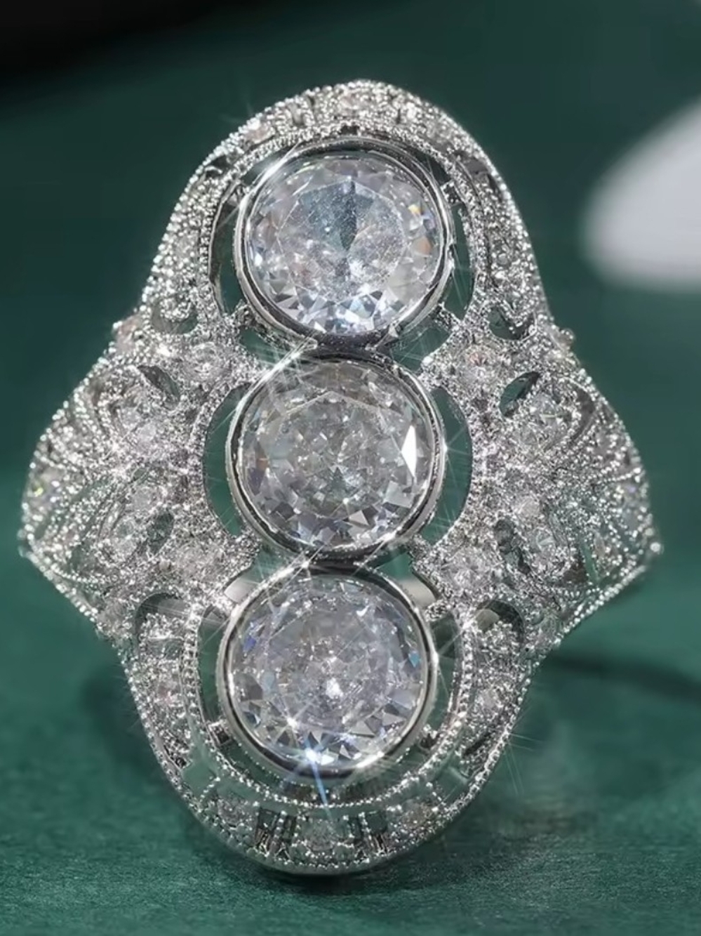 White Rhodium Three Stone White Quartz Filigree Ring